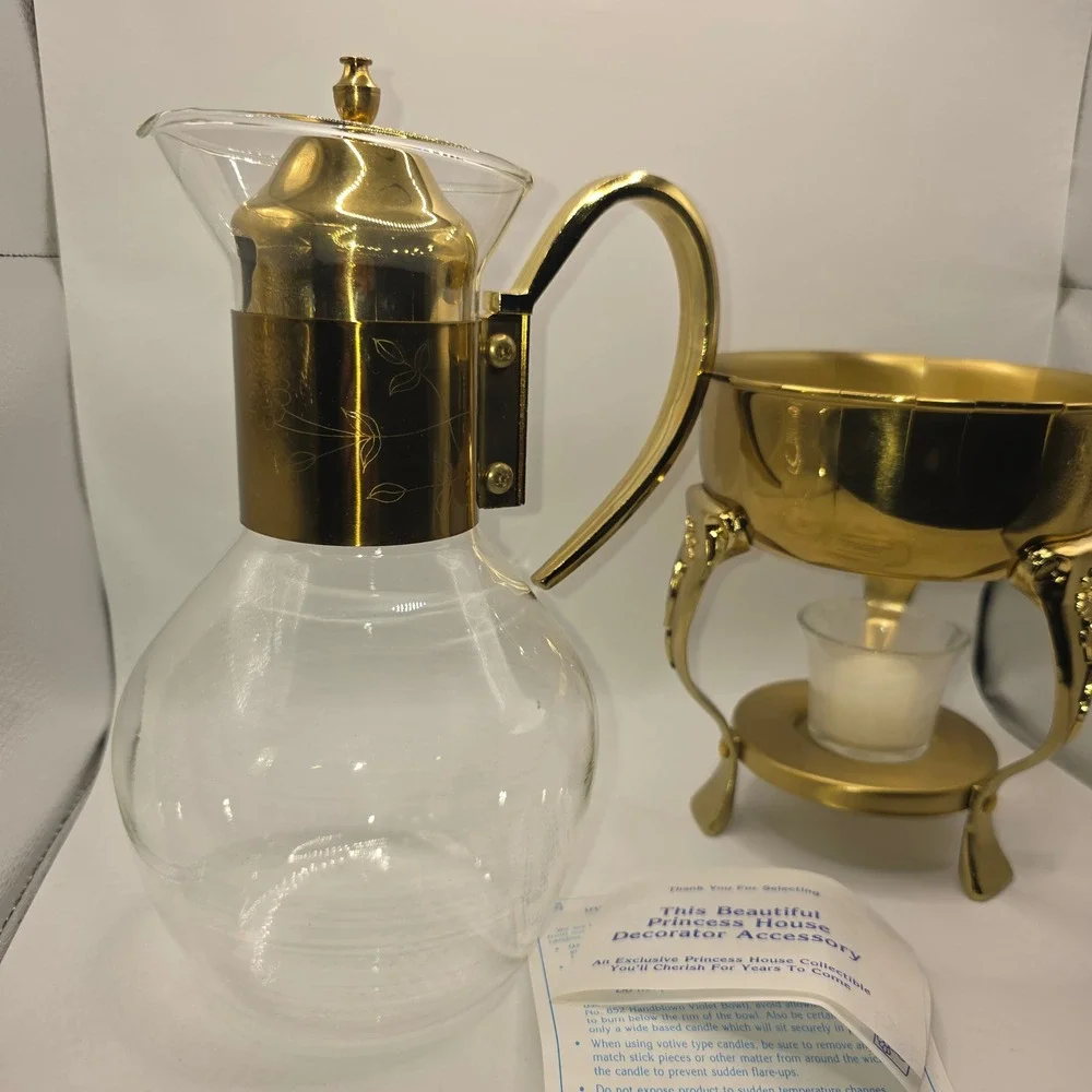 Princess House‎ Heritage Crystal Carafe with Gold Warming Stand Vintage 1985